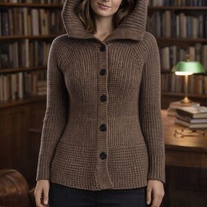 Kenneth Cole Women XL Hooded Knit Cardigan Sweater Brown Cotton Blend